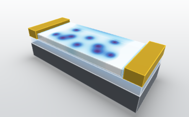 3-D render of an NbN block between two gold contacts on SiO2 and silicon, its top face coloured by the order parameter with dark spots at the vortices