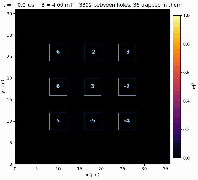 Animation of vortices entering and settling in the hole array, each hole labelled with its fluxoid